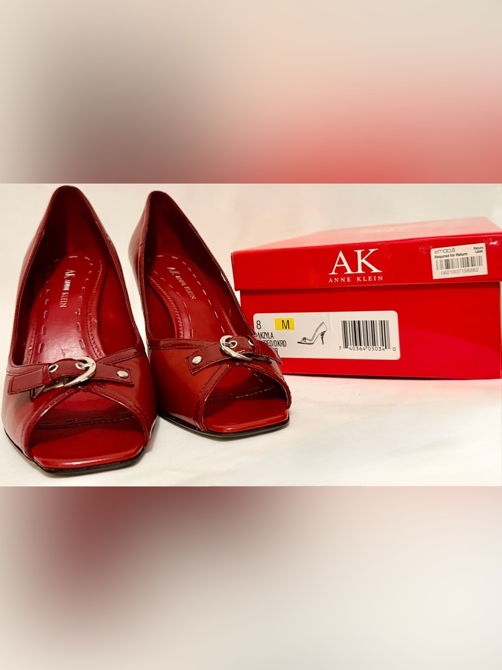 AK Anne Klein Akyla Red Leather Peep Toe Buckle Stiletto Pumps Heels 8M Box